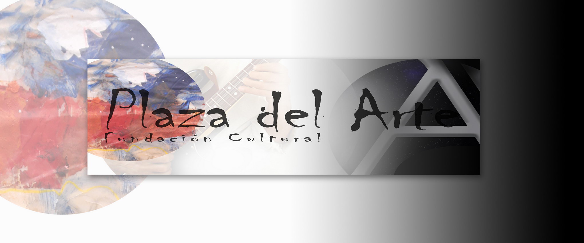 Banner de la Fundación Cultural Plaza del Arte: pintura en tonos azules y rojos con el nombre Plaza del Arte, Fundación Cultural