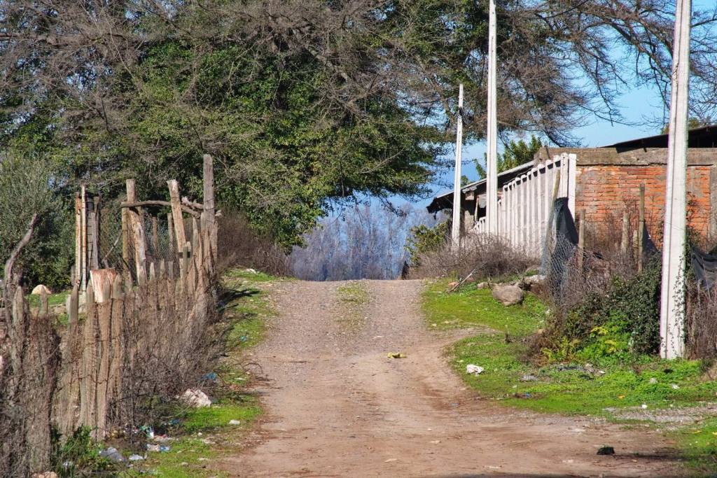 Camino de tierra con cercos de madera que sube hacia el cerro