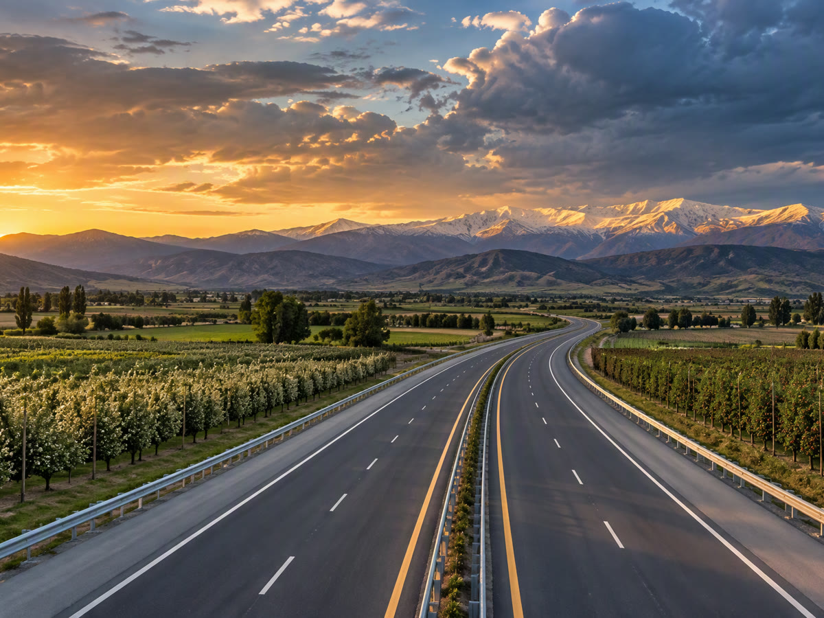 Carretera moderna de cuatro pistas entre huertos y cerros al atardecer